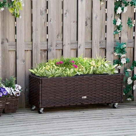 Outsunny Jardinière Sur Roulettes Dim. 94L X 31l X 36H Cm Feutre De Drainage Inclus Résine Tressée Aspect Rotin Chocolat 4 Outsunny Jardinière Sur Roulettes Dim. 94L X 31l X 36H Cm Feutre De Drainage Inclus Résine Tressée Aspect Rotin Chocolat – Image 2