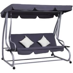 Outsunny Balancelle De Jardin 3 Places Convertible Toit Inclinaison Réglable 2 Tablettes Support 2L X 1,2l X 1,64H M Métal époxy Noir Polyester Gris - Gris