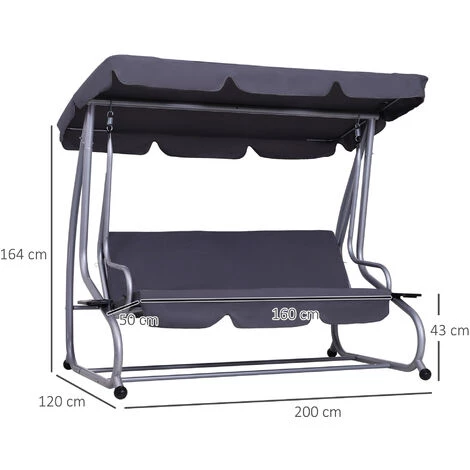 Outsunny Balancelle De Jardin 3 Places Convertible Toit Inclinaison Réglable 2 Tablettes Support 2L X 1,2l X 1,64H M Métal époxy Noir Polyester Gris - Gris 5 Outsunny Balancelle De Jardin 3 Places Convertible Toit Inclinaison Réglable 2 Tablettes Support 2L X 1,2l X 1,64H M Métal époxy Noir Polyester Gris - Gris – Image 3