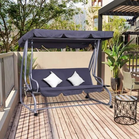 Outsunny Balancelle De Jardin 3 Places Convertible Toit Inclinaison Réglable 2 Tablettes Support 2L X 1,2l X 1,64H M Métal époxy Noir Polyester Gris - Gris 6 Outsunny Balancelle De Jardin 3 Places Convertible Toit Inclinaison Réglable 2 Tablettes Support 2L X 1,2l X 1,64H M Métal époxy Noir Polyester Gris - Gris – Image 4