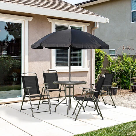 Outsunny Ensemble Salon De Jardin 6 Pcs - Table Ronde + 4 Chaises Pliables + Parasol - Acier époxy Café Textilène Polyester Noir 4 Outsunny Ensemble Salon De Jardin 6 Pcs - Table Ronde + 4 Chaises Pliables + Parasol - Acier époxy Café Textilène Polyester Noir – Image 2