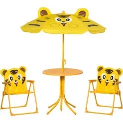 Outsunny Ensemble Salon De Jardin Enfant 4 Pcs Design Tigre - Table Ronde + 2 Chaises Pliables + Parasol - Métal époxy Oxford Jaune