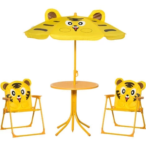 Outsunny Ensemble Salon De Jardin Enfant 4 Pcs Design Tigre - Table Ronde + 2 Chaises Pliables + Parasol - Métal époxy Oxford Jaune 3 Outsunny Ensemble Salon De Jardin Enfant 4 Pcs Design Tigre - Table Ronde + 2 Chaises Pliables + Parasol - Métal époxy Oxford Jaune