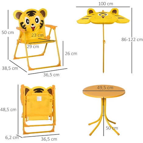 Outsunny Ensemble Salon De Jardin Enfant 4 Pcs Design Tigre - Table Ronde + 2 Chaises Pliables + Parasol - Métal époxy Oxford Jaune 5 Outsunny Ensemble Salon De Jardin Enfant 4 Pcs Design Tigre - Table Ronde + 2 Chaises Pliables + Parasol - Métal époxy Oxford Jaune – Image 3