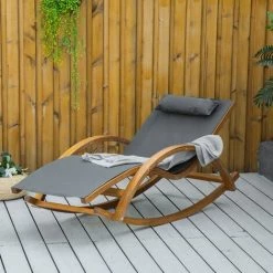 Outsunny Chaise Longue Fauteuil Berçant à Bascule Transat Bain De Soleil Rocking Chair En Bois Charge 120 Kg Gris - Gris -Outsunny Soldes Magasin 50909078 2