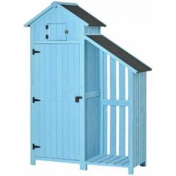 Outsunny Armoire Abri De Jardin Remise Pour Outils 3 étagères 2 Portes Loquets + Range-bûches Toit Pente Bitumé Bois Sapin Traité Bleu