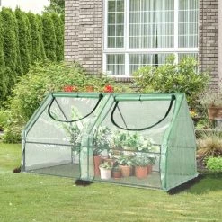 Outsunny Mini Serre De Jardin Serre à Tomates Double Bâche 180L X 90l X 90H Cm Acier PE PVC 2 Fenêtres Avec Zip Enroulables Vert -Outsunny Soldes Magasin 50909098 2