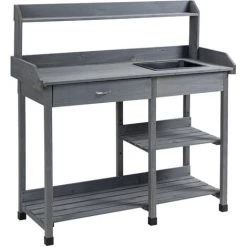 Outsunny Table De Rempotage Jardinage Multi-équipée - Tiroir, 3 étagères, évier, 3 Crochets - Bois Sapin Pré-huilé Gris - Gris