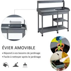 Outsunny Table De Rempotage Jardinage Multi-équipée - Tiroir, 3 étagères, évier, 3 Crochets - Bois Sapin Pré-huilé Gris - Gris -Outsunny Soldes Magasin 50909106 5