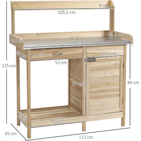 Outsunny Table De Rempotage Jardinage - 2 étagères, Tiroir, Placard, Plateau Tôle Acier Galvanisé Avec Rebord, 3 Crochets - Bois Sapin Pré-huilé - Beige 5 Outsunny Table De Rempotage Jardinage - 2 étagères, Tiroir, Placard, Plateau Tôle Acier Galvanisé Avec Rebord, 3 Crochets - Bois Sapin Pré-huilé - Beige – Image 3