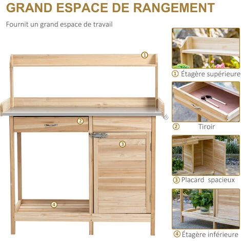Outsunny Table De Rempotage Jardinage - 2 étagères, Tiroir, Placard, Plateau Tôle Acier Galvanisé Avec Rebord, 3 Crochets - Bois Sapin Pré-huilé - Beige 6 Outsunny Table De Rempotage Jardinage - 2 étagères, Tiroir, Placard, Plateau Tôle Acier Galvanisé Avec Rebord, 3 Crochets - Bois Sapin Pré-huilé - Beige – Image 4