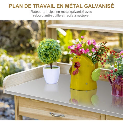 Outsunny Table De Rempotage Jardinage - 2 étagères, Tiroir, Placard, Plateau Tôle Acier Galvanisé Avec Rebord, 3 Crochets - Bois Sapin Pré-huilé - Beige 7 Outsunny Table De Rempotage Jardinage - 2 étagères, Tiroir, Placard, Plateau Tôle Acier Galvanisé Avec Rebord, 3 Crochets - Bois Sapin Pré-huilé - Beige – Image 5