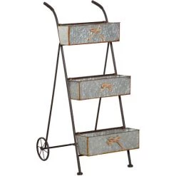 Outsunny Jardinière Chariot Sur Pied 3 Niveaux Style Rural Chic - Pliable - 2 Poignées Et Roues - Nœuds De Corde Métal Martelé Effet Vieilli