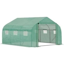 Outsunny Serre Tunnel De Jardin Grande Taille Dim. 3,47L X 3l X 2H M - 6 Fenêtres Et Porte Zippée Enroulable - Acier Galvanisé PE Haute Densité Vert - Vert