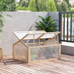 Outsunny Mini Serre De Jardin Serre à Tomates Dim. 102L X 71l X 53H Cm Double Toit Ouvrable 2 Niveaux Panneaux Polycarbonate Bois Sapin Pré-huilé - Beige -Outsunny Soldes Magasin 50909131 2
