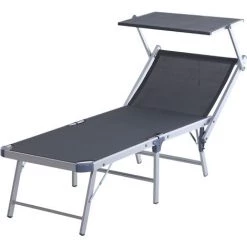 Outsunny Transat Bain De Soleil Pliable Grand Confort Dossier Et Pare-soleil Réglable Alu. Textilène Gris