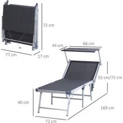 Outsunny Transat Bain De Soleil Pliable Grand Confort Dossier Et Pare-soleil Réglable Alu. Textilène Gris -Outsunny Soldes Magasin 50909159 3