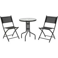 Outsunny Salon De Jardin Bistro 2 Chaises Pliables - Table Ronde Dim. Ø60 X 70H Cm - Plateau Verre Trempé Métal époxy Textilène Noir