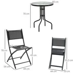 Outsunny Salon De Jardin Bistro 2 Chaises Pliables - Table Ronde Dim. Ø60 X 70H Cm - Plateau Verre Trempé Métal époxy Textilène Noir -Outsunny Soldes Magasin 50909165 3