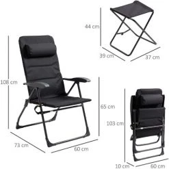 Outsunny Chaise Longue Et Repose-pied Pliables - Dossier Réglable Multi-positions - Tétière, Poche Rangement, Poignée - Acier époxy Polyester Noir -Outsunny Soldes Magasin 50909168 3