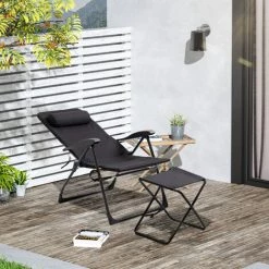 Outsunny Chaise Longue Et Repose-pied Pliables - Dossier Réglable Multi-positions - Tétière, Poche Rangement, Poignée - Acier époxy Polyester Noir -Outsunny Soldes Magasin 50909168 4