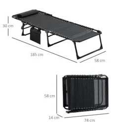 Outsunny Bain De Soleil Transat Pliable Avec Poignée - Dossier Inclinable Multi-positions, Pochette, Tétière - Acier époxy Lacets élastiques Textilène Noir -Outsunny Soldes Magasin 50909170 3