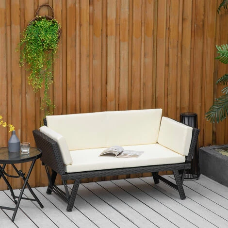 Outsunny Canapé Lit De Jardin Extensible 3 Places Grand Confort 4 Coussins écru Inclus Résine Tressée Imitation Rotin Noir - Noir 4 Outsunny Canapé Lit De Jardin Extensible 3 Places Grand Confort 4 Coussins écru Inclus Résine Tressée Imitation Rotin Noir - Noir – Image 2