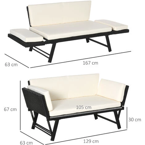 Outsunny Canapé Lit De Jardin Extensible 3 Places Grand Confort 4 Coussins écru Inclus Résine Tressée Imitation Rotin Noir - Noir 5 Outsunny Canapé Lit De Jardin Extensible 3 Places Grand Confort 4 Coussins écru Inclus Résine Tressée Imitation Rotin Noir - Noir – Image 3