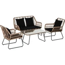Outsunny Salon De Jardin 4 Places 4 Pièces Style Exotique Métal époxy Résine Imitation Bambou Coussins Grand Confort Inclus Polyester Noir - Noir