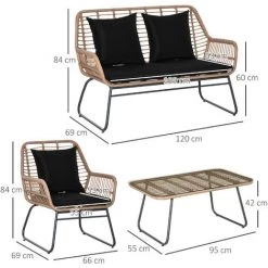 Outsunny Salon De Jardin 4 Places 4 Pièces Style Exotique Métal époxy Résine Imitation Bambou Coussins Grand Confort Inclus Polyester Noir - Noir -Outsunny Soldes Magasin 50909188 3