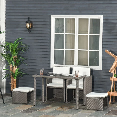 Outsunny Ensemble Salon De Jardin Encastrable 2 Fauteuils Monoblocs + 2 Tabourets + Table Basse Résine Tressée Coussins Déhoussables Crème Gris - Gris 4 Outsunny Ensemble Salon De Jardin Encastrable 2 Fauteuils Monoblocs + 2 Tabourets + Table Basse Résine Tressée Coussins Déhoussables Crème Gris - Gris – Image 2
