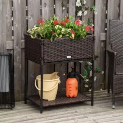 Outsunny Jardinière Sur Pieds - Carré Potager Avec étagère, Feutre De Drainage - Dim. 64L X 42l X 78,5H Cm - Résine Tressée Aspect Rotin Chocolat -Outsunny Soldes Magasin 50909193 2