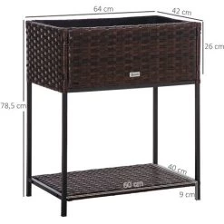 Outsunny Jardinière Sur Pieds - Carré Potager Avec étagère, Feutre De Drainage - Dim. 64L X 42l X 78,5H Cm - Résine Tressée Aspect Rotin Chocolat -Outsunny Soldes Magasin 50909193 3