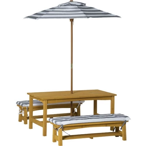 Outsunny Ensemble Salon De Jardin Enfant 4 Pièces Style Pique-nique - 2 Bancs, Table, Parasol - Sapin Lasuré Miel Polyester Gris Blanc Rayé 3 Outsunny Ensemble Salon De Jardin Enfant 4 Pièces Style Pique-nique - 2 Bancs, Table, Parasol - Sapin Lasuré Miel Polyester Gris Blanc Rayé