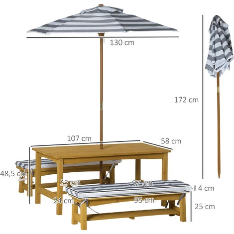 Outsunny Ensemble Salon De Jardin Enfant 4 Pièces Style Pique-nique - 2 Bancs, Table, Parasol - Sapin Lasuré Miel Polyester Gris Blanc Rayé 5 Outsunny Ensemble Salon De Jardin Enfant 4 Pièces Style Pique-nique - 2 Bancs, Table, Parasol - Sapin Lasuré Miel Polyester Gris Blanc Rayé – Image 3
