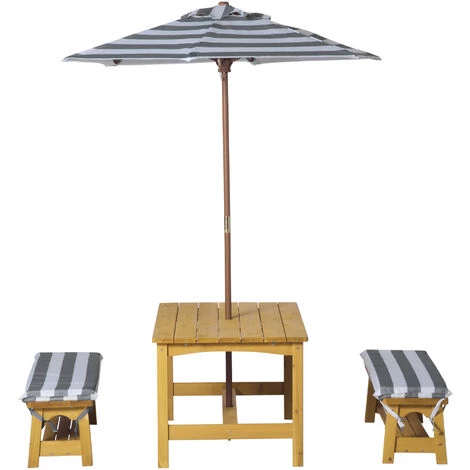 Outsunny Ensemble Salon De Jardin Enfant 4 Pièces Style Pique-nique - 2 Bancs, Table, Parasol - Sapin Lasuré Miel Polyester Gris Blanc Rayé 6 Outsunny Ensemble Salon De Jardin Enfant 4 Pièces Style Pique-nique - 2 Bancs, Table, Parasol - Sapin Lasuré Miel Polyester Gris Blanc Rayé – Image 4