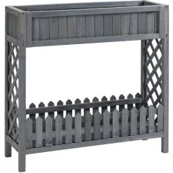 Outsunny Jardinière Sur Pied Potager Avec étagère Barrière - Pans Latéraux Treillis - Dim. 90L X 30l X 90H Cm - Bois Sapin Gris - Gris