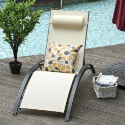 Outsunny Bain De Soleil Transat Design Contemporain Inclinable Multi-positions Tétière Amovible Incluse Alu Textilène Beige -Outsunny Soldes Magasin 51254819 4