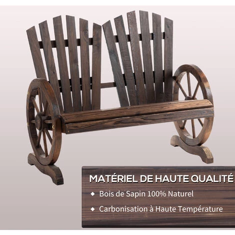 Outsunny Banc De Jardin 2 Places Adirondack Style Rustique Chic Accoudoirs Roues Charette Bois Sapin Traité Carbonisation - Marron 7 Outsunny Banc De Jardin 2 Places Adirondack Style Rustique Chic Accoudoirs Roues Charette Bois Sapin Traité Carbonisation - Marron – Image 5