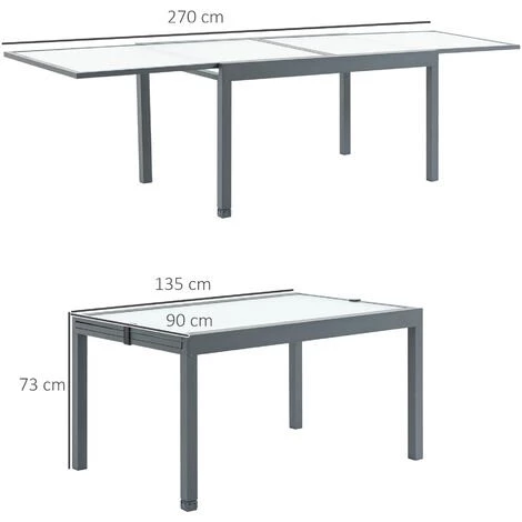 Outsunny Table Extensible De Jardin Grande Taille Dim. Dépliées 270L X 90l X 73H Cm Piètement Châssis Alu. Plateau Verre Trempé Dépoli - Gris 5 Outsunny Table Extensible De Jardin Grande Taille Dim. Dépliées 270L X 90l X 73H Cm Piètement Châssis Alu. Plateau Verre Trempé Dépoli - Gris – Image 3