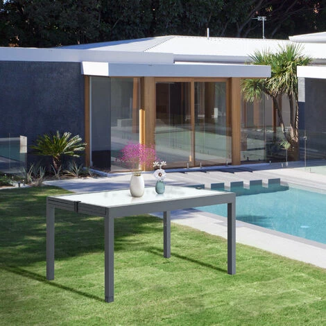 Outsunny Table Extensible De Jardin Grande Taille Dim. Dépliées 270L X 90l X 73H Cm Piètement Châssis Alu. Plateau Verre Trempé Dépoli - Gris 6 Outsunny Table Extensible De Jardin Grande Taille Dim. Dépliées 270L X 90l X 73H Cm Piètement Châssis Alu. Plateau Verre Trempé Dépoli - Gris – Image 4