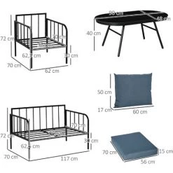 Outsunny Ensemble Salon De Jardin 4 Places 4 Pièces Style Néo-rétro - Coussins Déperlants Déhoussables - Métal époxy Noir Polyester Bleu - Gris -Outsunny Soldes Magasin 51254831 3