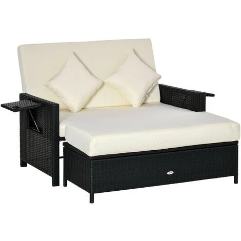 Outsunny Ensemble De Jardin 2 Places : Canapé Dossier Inclinable Tablettes Coffre Matelas Et Coussins Intégrées + Repose-pieds Résine Tressée 4 Fils Noire Polyester Crème 3 Outsunny Ensemble De Jardin 2 Places : Canapé Dossier Inclinable Tablettes Coffre Matelas Et Coussins Intégrées + Repose-pieds Résine Tressée 4 Fils Noire Polyester Crème