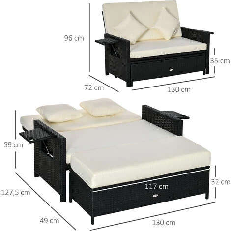 Outsunny Ensemble De Jardin 2 Places : Canapé Dossier Inclinable Tablettes Coffre Matelas Et Coussins Intégrées + Repose-pieds Résine Tressée 4 Fils Noire Polyester Crème 5 Outsunny Ensemble De Jardin 2 Places : Canapé Dossier Inclinable Tablettes Coffre Matelas Et Coussins Intégrées + Repose-pieds Résine Tressée 4 Fils Noire Polyester Crème – Image 3