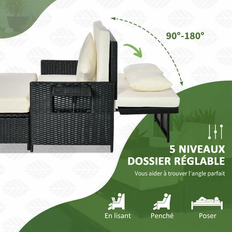 Outsunny Ensemble De Jardin 2 Places : Canapé Dossier Inclinable Tablettes Coffre Matelas Et Coussins Intégrées + Repose-pieds Résine Tressée 4 Fils Noire Polyester Crème 6 Outsunny Ensemble De Jardin 2 Places : Canapé Dossier Inclinable Tablettes Coffre Matelas Et Coussins Intégrées + Repose-pieds Résine Tressée 4 Fils Noire Polyester Crème – Image 4