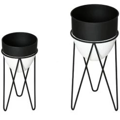 Outsunny Supports De Pots De Fleurs Design - Supports à Plantes - Lot De 2 Avec Pots De Fleurs - Métal époxy Noir Blanc