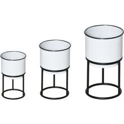 Outsunny Supports De Pots De Fleurs Design - Supports à Plantes - Lot De 3 Avec Pots De Fleurs - Métal époxy Noir Et Blanc