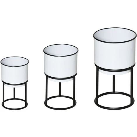 Outsunny Supports De Pots De Fleurs Design - Supports à Plantes - Lot De 3 Avec Pots De Fleurs - Métal époxy Noir Et Blanc 3 Outsunny Supports De Pots De Fleurs Design - Supports à Plantes - Lot De 3 Avec Pots De Fleurs - Métal époxy Noir Et Blanc