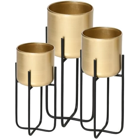Outsunny Supports De Pots De Fleurs Design - Supports à Plantes - Lot De 3 Avec Pots De Fleurs - Métal époxy Noir Doré 3 Outsunny Supports De Pots De Fleurs Design - Supports à Plantes - Lot De 3 Avec Pots De Fleurs - Métal époxy Noir Doré