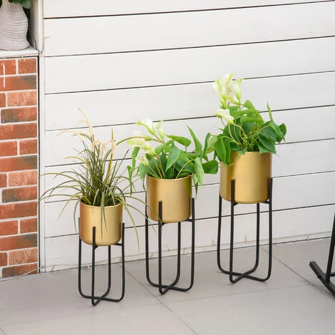 Outsunny Supports De Pots De Fleurs Design - Supports à Plantes - Lot De 3 Avec Pots De Fleurs - Métal époxy Noir Doré 4 Outsunny Supports De Pots De Fleurs Design - Supports à Plantes - Lot De 3 Avec Pots De Fleurs - Métal époxy Noir Doré – Image 2